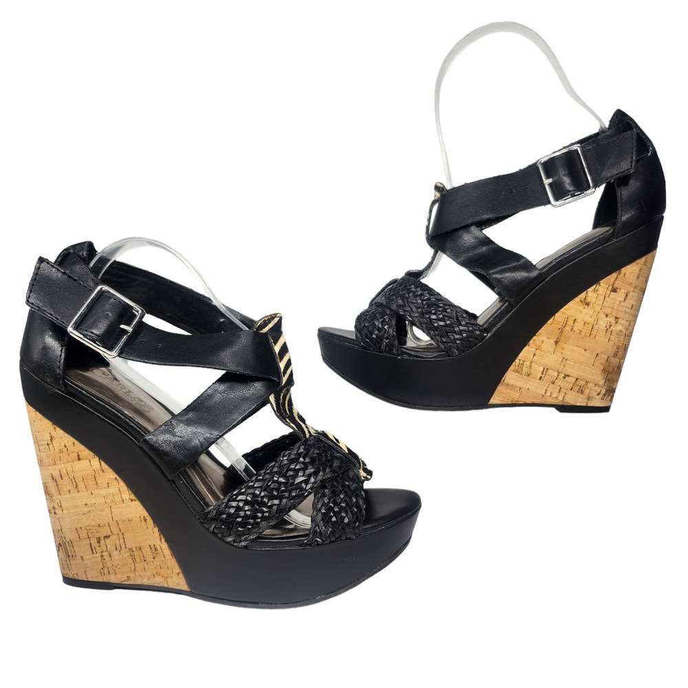 Carlos Santana Shoes Womens 6 Black Wedge Cork Strappy Zebra Braided Heels